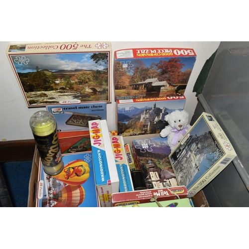 368 - TWO BOXES OF VINTAGE TOYS AND GAMES, to include a French Charton foosball table football game, a pul... 