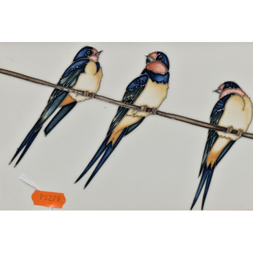 370 - A MOORCROFT POTTERY FRAMED 'SWING BY' WALL PLAQUE, depicting three perching swallows, signed by desi... 