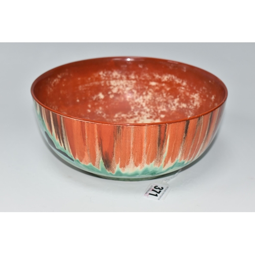 371 - A CLARICE CLIFF 'FOREST GLEN' PATTERN BOWL, painted with a cottage landscape on an orange-red drippe... 