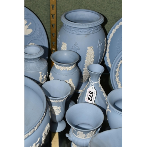 372 - A COLLECTION OF WEDGWOOD JASPERWARE GIFT WARE, fourteen pale blue pieces including vases - tallest 1... 