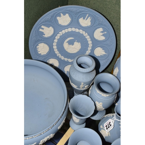 372 - A COLLECTION OF WEDGWOOD JASPERWARE GIFT WARE, fourteen pale blue pieces including vases - tallest 1... 