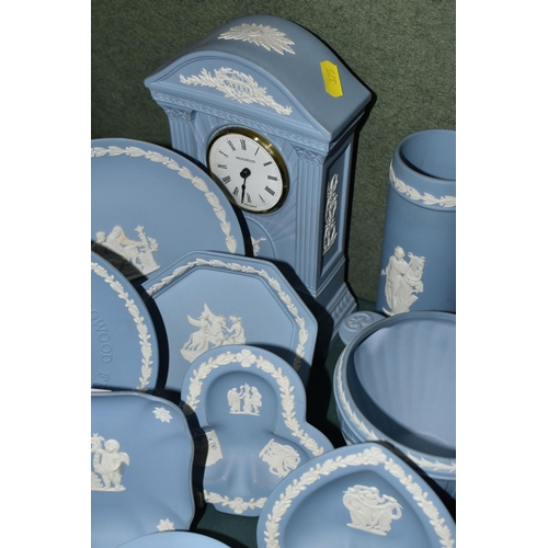 375 - A GROUP OF WEDGWOOD JASPERWARE GIFT WARE, over forty pieces in mostly pale blue, to include a mantel... 