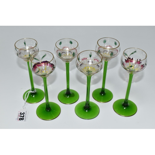 378 - SIX LIQUEUR GLASSES IN THE MANNER OF THERESIENTHAL, comprising six flower form glasses of four diffe... 