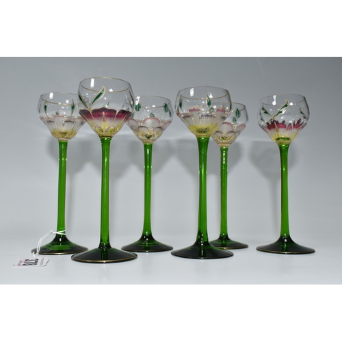 378 - SIX LIQUEUR GLASSES IN THE MANNER OF THERESIENTHAL, comprising six flower form glasses of four diffe... 