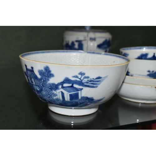 383 - A LATE 18TH CENTURY CHINESE EXPORT PORCELAIN BLUE AND WHITE SIX PIECE TEA SERVICE, moulded basket we... 