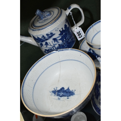 383 - A LATE 18TH CENTURY CHINESE EXPORT PORCELAIN BLUE AND WHITE SIX PIECE TEA SERVICE, moulded basket we... 