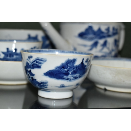 383 - A LATE 18TH CENTURY CHINESE EXPORT PORCELAIN BLUE AND WHITE SIX PIECE TEA SERVICE, moulded basket we... 