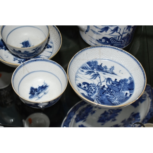 383 - A LATE 18TH CENTURY CHINESE EXPORT PORCELAIN BLUE AND WHITE SIX PIECE TEA SERVICE, moulded basket we... 