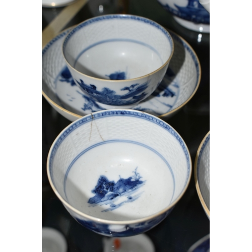 383 - A LATE 18TH CENTURY CHINESE EXPORT PORCELAIN BLUE AND WHITE SIX PIECE TEA SERVICE, moulded basket we... 