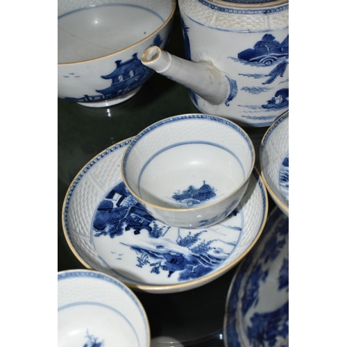 383 - A LATE 18TH CENTURY CHINESE EXPORT PORCELAIN BLUE AND WHITE SIX PIECE TEA SERVICE, moulded basket we... 