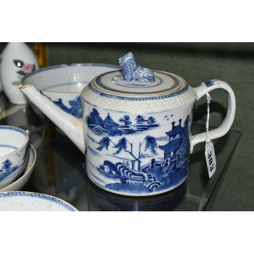 383 - A LATE 18TH CENTURY CHINESE EXPORT PORCELAIN BLUE AND WHITE SIX PIECE TEA SERVICE, moulded basket we... 