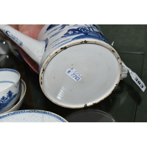 383 - A LATE 18TH CENTURY CHINESE EXPORT PORCELAIN BLUE AND WHITE SIX PIECE TEA SERVICE, moulded basket we... 