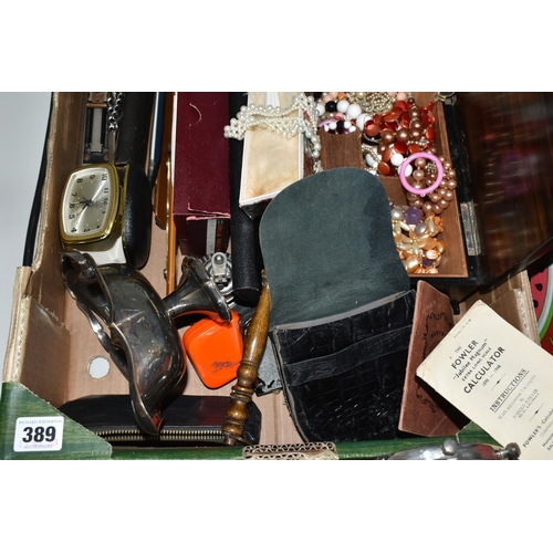 389 - A BOX AND LOOSE MISCELLANEOUS ITEMS, to include an Anglia Dunlop tyre desk lighter, a jewellery box ... 