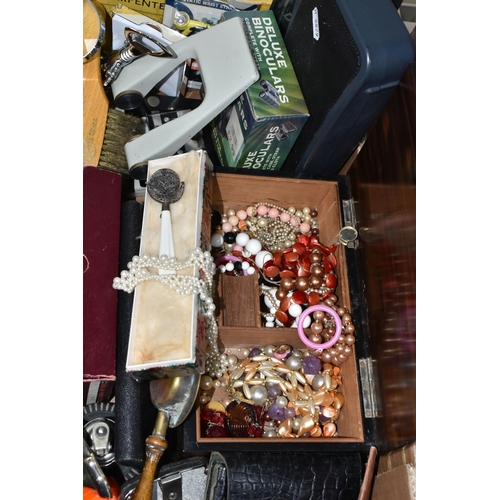 389 - A BOX AND LOOSE MISCELLANEOUS ITEMS, to include an Anglia Dunlop tyre desk lighter, a jewellery box ... 