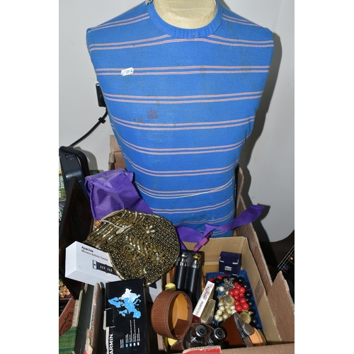 390 - A BOX AND LOOSE GUITAR, MANNEQUIN, CIGARS AND SUNDRY ITEMS, to include a vintage Chinese Kapok 3/4 s... 