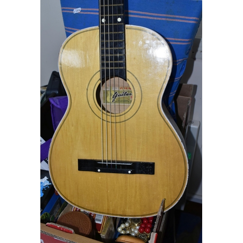 390 - A BOX AND LOOSE GUITAR, MANNEQUIN, CIGARS AND SUNDRY ITEMS, to include a vintage Chinese Kapok 3/4 s... 