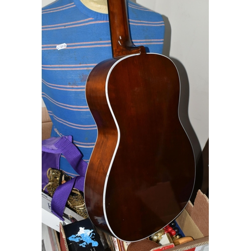 390 - A BOX AND LOOSE GUITAR, MANNEQUIN, CIGARS AND SUNDRY ITEMS, to include a vintage Chinese Kapok 3/4 s... 