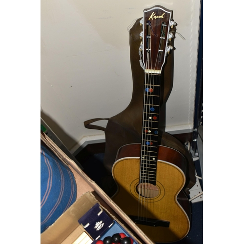 390 - A BOX AND LOOSE GUITAR, MANNEQUIN, CIGARS AND SUNDRY ITEMS, to include a vintage Chinese Kapok 3/4 s... 