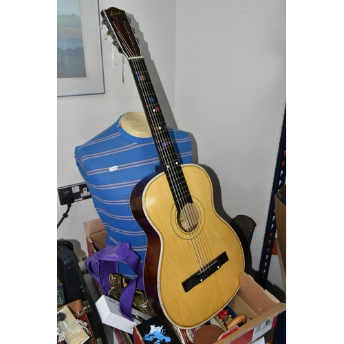 390 - A BOX AND LOOSE GUITAR, MANNEQUIN, CIGARS AND SUNDRY ITEMS, to include a vintage Chinese Kapok 3/4 s... 