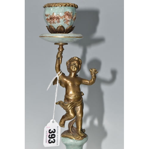 393 - A PAIR OF REPRODUCTION TURQUOISE PORCELAIN AND BRASS FIGURAL CANDLEHOLDERS OF LATE 19TH CENTURY STYL... 