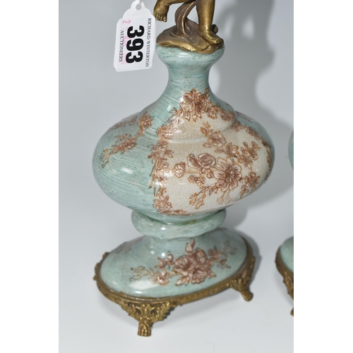 393 - A PAIR OF REPRODUCTION TURQUOISE PORCELAIN AND BRASS FIGURAL CANDLEHOLDERS OF LATE 19TH CENTURY STYL... 