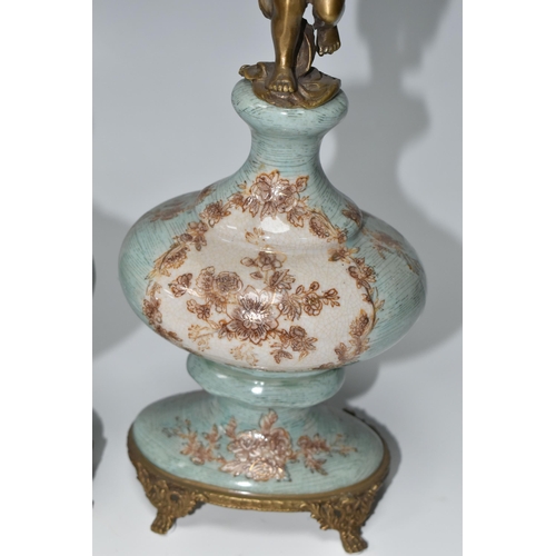 393 - A PAIR OF REPRODUCTION TURQUOISE PORCELAIN AND BRASS FIGURAL CANDLEHOLDERS OF LATE 19TH CENTURY STYL... 