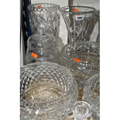 395 - A QUANTITY OF CUT CRYSTAL BOWLS AND VASES, comprising Stuart Crystal trinket boxes, five fruit bowls... 