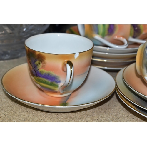 396 - A MID-CENTURY JAPANESE NORITAKE TEA SET, hand painted decoration of a dusk lakeland scene, comprisin... 