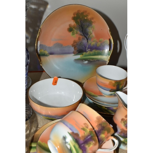 396 - A MID-CENTURY JAPANESE NORITAKE TEA SET, hand painted decoration of a dusk lakeland scene, comprisin... 