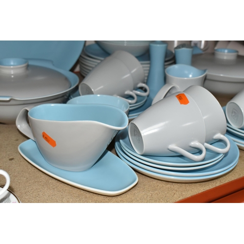 398 - A QUANTITY OF POOLE POTTERY TWO-TONE DINNER AND TEAWARE, a Sepia & Mushroom colourway coffee set com... 