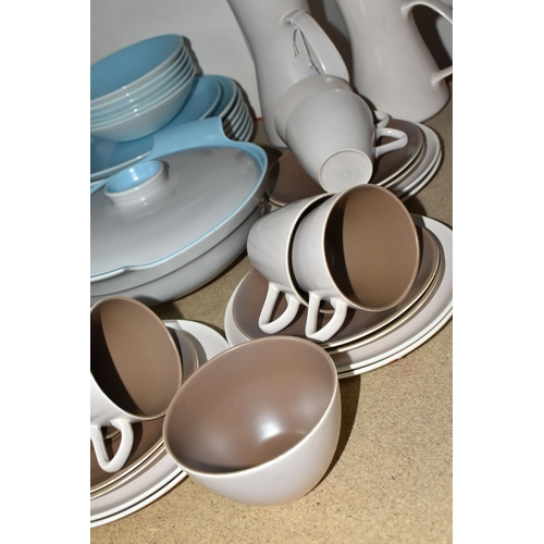 398 - A QUANTITY OF POOLE POTTERY TWO-TONE DINNER AND TEAWARE, a Sepia & Mushroom colourway coffee set com... 