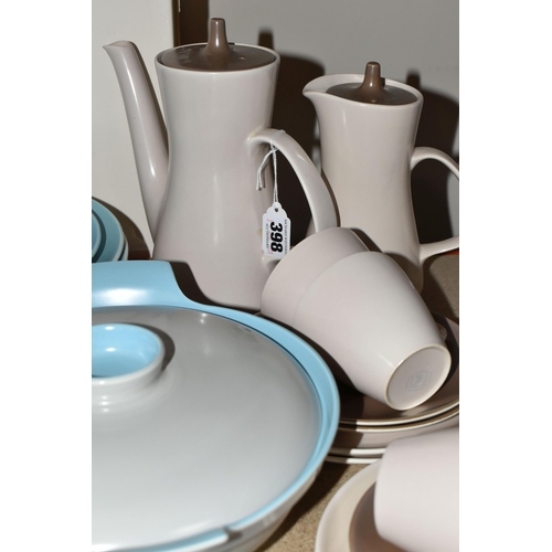 398 - A QUANTITY OF POOLE POTTERY TWO-TONE DINNER AND TEAWARE, a Sepia & Mushroom colourway coffee set com... 