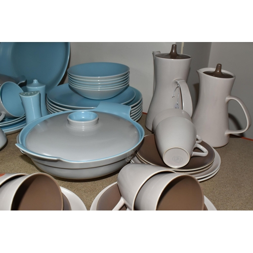 398 - A QUANTITY OF POOLE POTTERY TWO-TONE DINNER AND TEAWARE, a Sepia & Mushroom colourway coffee set com... 