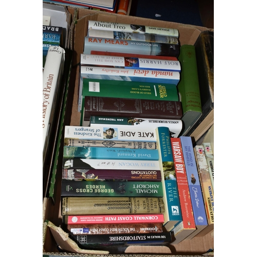 402 - FOUR BOXES OF BOOKS, containing over eighty miscellaneous titles in hardback and paperback formats, ... 