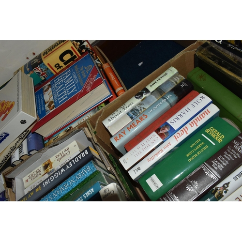 402 - FOUR BOXES OF BOOKS, containing over eighty miscellaneous titles in hardback and paperback formats, ... 