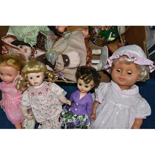 403 - THREE BOXES OF VINTAGE DOLLS, GAMES AND TOYS, to include two 1960's 'Rosebud' dolls dressed in origi... 