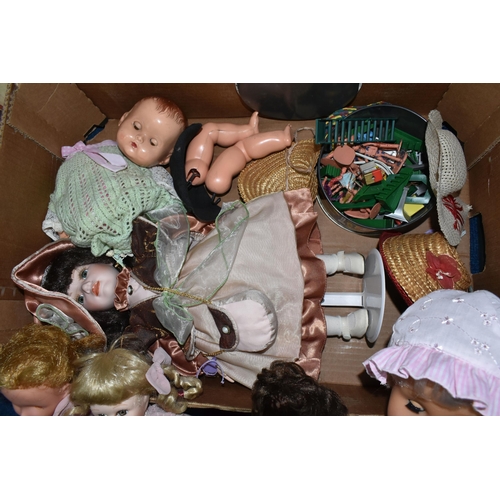 403 - THREE BOXES OF VINTAGE DOLLS, GAMES AND TOYS, to include two 1960's 'Rosebud' dolls dressed in origi... 