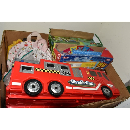 403 - THREE BOXES OF VINTAGE DOLLS, GAMES AND TOYS, to include two 1960's 'Rosebud' dolls dressed in origi... 