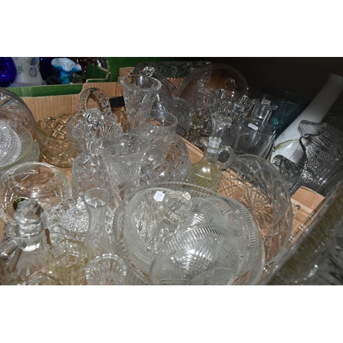 412 - FOUR BOXES OF CUT CRYSTAL AND COLOURED GLASSWARE, to include a small Caithness vase, a red and orang... 