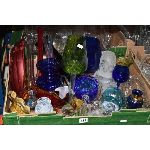 412 - FOUR BOXES OF CUT CRYSTAL AND COLOURED GLASSWARE, to include a small Caithness vase, a red and orang... 