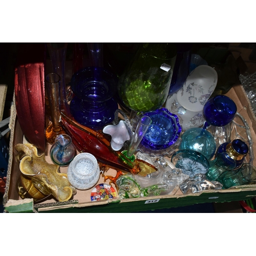 412 - FOUR BOXES OF CUT CRYSTAL AND COLOURED GLASSWARE, to include a small Caithness vase, a red and orang... 