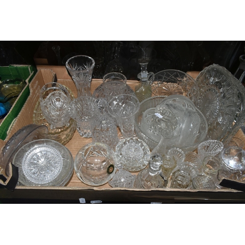 412 - FOUR BOXES OF CUT CRYSTAL AND COLOURED GLASSWARE, to include a small Caithness vase, a red and orang... 