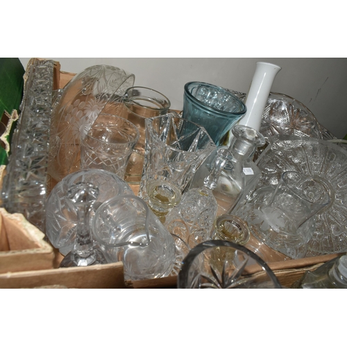 412 - FOUR BOXES OF CUT CRYSTAL AND COLOURED GLASSWARE, to include a small Caithness vase, a red and orang... 