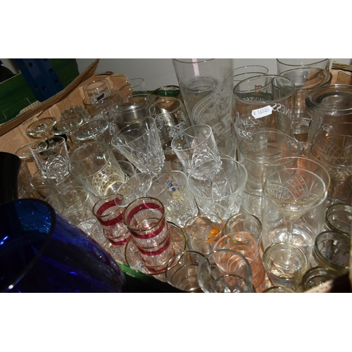 412 - FOUR BOXES OF CUT CRYSTAL AND COLOURED GLASSWARE, to include a small Caithness vase, a red and orang... 