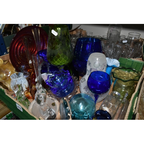 412 - FOUR BOXES OF CUT CRYSTAL AND COLOURED GLASSWARE, to include a small Caithness vase, a red and orang... 