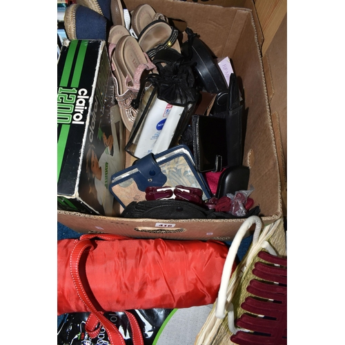 416 - FIVE BOXES OF MISCELLANEOUS SUNDRIES, to include a Clairol 1200 hairdryer, ornaments, wall clocks, f... 