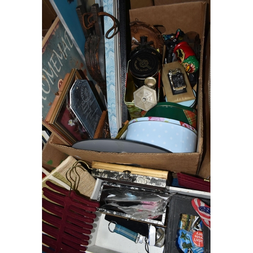 416 - FIVE BOXES OF MISCELLANEOUS SUNDRIES, to include a Clairol 1200 hairdryer, ornaments, wall clocks, f... 