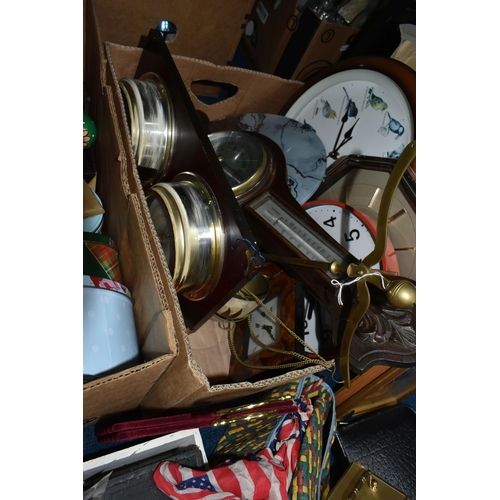 416 - FIVE BOXES OF MISCELLANEOUS SUNDRIES, to include a Clairol 1200 hairdryer, ornaments, wall clocks, f... 