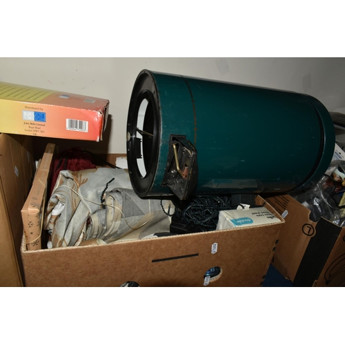 416 - FIVE BOXES OF MISCELLANEOUS SUNDRIES, to include a Clairol 1200 hairdryer, ornaments, wall clocks, f... 