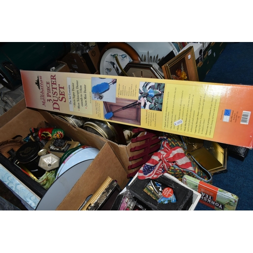 416 - FIVE BOXES OF MISCELLANEOUS SUNDRIES, to include a Clairol 1200 hairdryer, ornaments, wall clocks, f... 